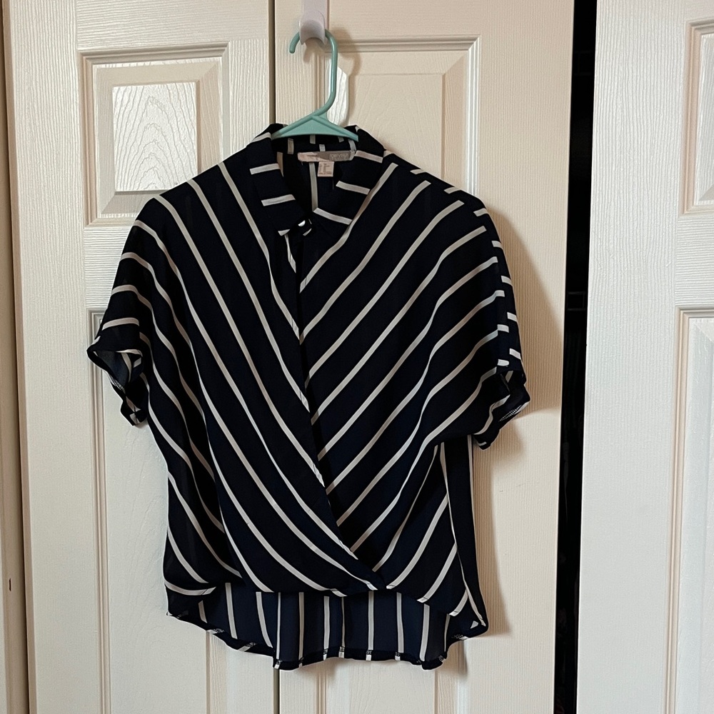 Navy and White Striped Women's Blouse with Peek-a-boo